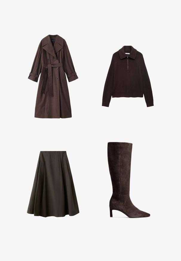 Brauner Trenchcoat mit strukturierter Oberfläche, doppelreihigem Design, breitem Kragen, Taillengürtel und hochgekrempelten Ärmelenden.; Brauner Strickpullover mit weitem Kragen, halber Reißverschluss vorne und überschnittenen Schultern. Hat eine Rippstruktur und eine verkürzte Länge.; Schwarzer A-Linien-Rock mit hoher Taille und ausgestelltem Saum, aus glattem Stoff, vor weißem Hintergrund gezeigt.; Braune Wildlederkniehohe Stiefel mit spitzer Zehe und 7,5 cm hohem Absatz. Glatte Textur, elegante Silhouette und minimalistisches Design.