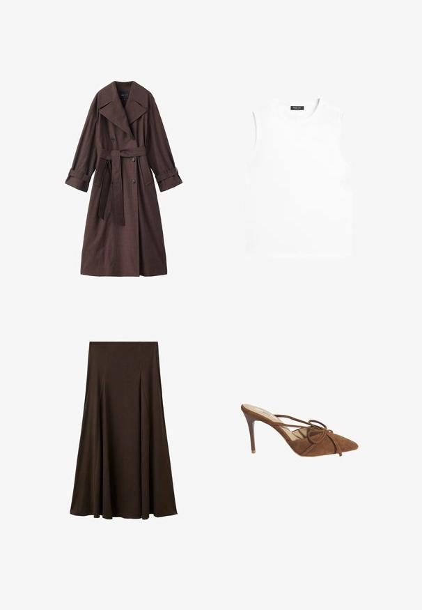 Bruine trenchcoat met een gestructureerde afwerking, dubbelrijks ontwerp, brede kraag, ceintuur in de taille en opgerolde manchetten.; Witte mouwloze shirt met ronde hals en een zwart Massimo Dutti label binnen in de kraag op een witte achtergrond.; Bruine, lange rok gemaakt van een zachte, gladde stof. Heeft subtiele plooien, een eenvoudig ontwerp en een elastische tailleband voor comfort.; Desa Muiltjes met hak - brown