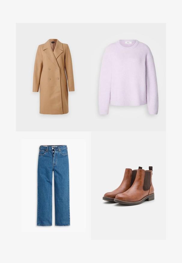 Manteau camel croisé avec col à revers, en tissu épais, doté de deux boutons, de poches latérales et de manches longues.; Pull violet clair avec un col rond, une texture douce, et des poignets et ourlet côtelés ; présente une coupe décontractée et des épaules légèrement tombantes.; Jeans en denim bleu à jambe droite avec une taille haute, design à cinq poches et zip à bouton. Couture visible et rivets en ton cuivre.; Bottines en cuir marron avec des panneaux élastiques sur les côtés, bout rond et petit talon en bois. Présentent une languette pour un enfilage facile.