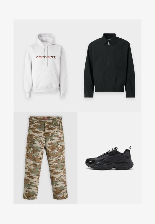 Zwarte jas met een ritssluiting aan de voorkant met een metalen trekker, een klassieke kraag, een elastische zoom en zijzakken. Gemaakt van gladde stof.; Grijze katoenen hoodie met een kangoeroezak, een capuchon met trekkoord en het "carhartt" logo in donkerbruin over de borst.; Camouflage cargobroek in beige, groen en bruine tinten. Voorzien van twee cargozakken, ritssluiting en riemlussen. Gemaakt van duurzaam stof.; Zwarte hardloopschoen met een gestructureerde bovenkant, gladde synthetische accenten, dikke zool en reflecterende details. Bevat een vetersluiting en een trekband.