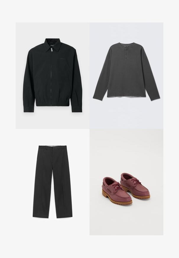 Zwarte jas met een ritssluiting aan de voorkant met een metalen trekker, een klassieke kraag, een elastische zoom en zijzakken. Gemaakt van gladde stof.; Donkergrijs henley-shirt met lange mouwen, een ronde halslijn en drie knopen op de voorklep.; Zwarte wijde broek van gladde stof, voorzien van een tailleband met riemlussen en zijzakken, met een strak, minimalistisch design.; Een paar wijnrode leren bootschoenen met dikke tan rubberen zolen en rode veters op een witte achtergrond.