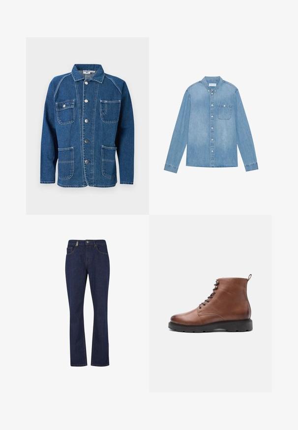 Blå denimjakke med krave, knaplukning foran, to brystlommer og to nederste lommer med hvide syningsdetaljer.; Lys blå denim skjorte med knapper, lange ærmer, spids krave, en enkelt brystlomme og subtil falmning på stoffet.; Mørkeblå jeans med lige ben, foran med knap og lynlås, med forreste og bageste lommer samt synlige sømdetaljer.; Brune læder ankelstøvler med en rund tå, snørebånd foran og sort gummisål. Har en pull-loop bagpå for nemmere påtagning.