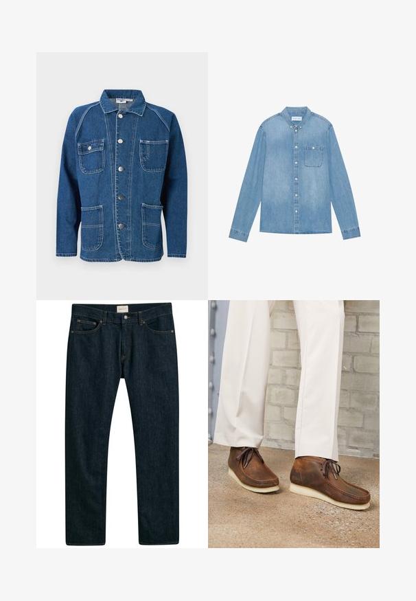 Blaue Jeansjacke mit einem Kragen, vorne mit Knopfleiste, zwei Brusttaschen und zwei unteren Taschen mit weißen Ziernähten.; Hellblaues Denim-Hemd mit Knopfleiste, langen Ärmeln, spitzem Kragen, einer Brusttasche und dezentem Verblassen des Stoffes.; Dunkelblaue Denims mit geradem Bein, fünf Taschen-Stil und Kontrastnähten an den Nähten. Glatte Stofftextur.; Braune Mokassin-Lederstiefel mit weißen Sohlen, getragen zu offwhitefarbenen Hosen, stehend auf einem strukturierten Betonboden nahe einer Ziegelwand.