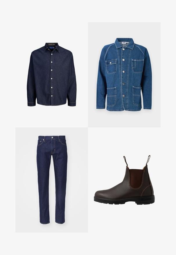 Chaqueta vaquera azul con cuello con solapa, cierre frontal con botones, dos bolsillos en el pecho y dos bolsillos inferiores con detalles de costuras blancas.; Camisa de mezclilla azul oscuro con frente abotonado, mangas largas y cuello clásico, que presenta botones blancos y costuras en contraste.; Vaqueros de denim azul marino con corte recto, diseño de cinco bolsillos, costuras en naranja contrastante y un cierre de botón plateado en la cintura.; Bota Chelsea de cuero marrón con panel elástico lateral, costuras marrones, tiradores y suela de goma resistente con un patrón texturizado.