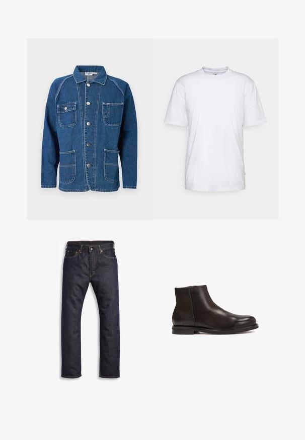 Blauwe spijkerjasje met een kraag, knoopsluiting aan de voorkant, twee borstzakken en twee onderste zakken met witte stikseldetails.; Witte katoenen t-shirt met een ronde hals, korte mouwen en een rechte zoom. Heeft een klein merktag aan de linkerkant van de zijnaad.; Donkerblauwe denim jeans met rechte snit, vijf zakken, metalen hardware en contrasterende oranje stiksels. Glad oppervlak, geen zichtbare patronen.; Zwarte leren enkelboot met een gladde textuur, ronde neus en een lage hak. Voorzien van een zijrits voor gemakkelijk aan- en uittrekken.