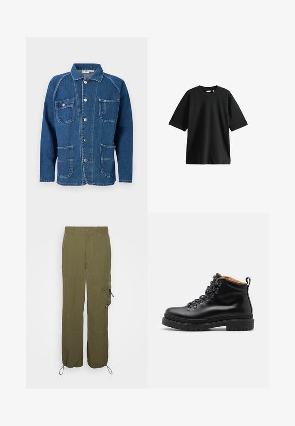 Blå denimjakke med krave, knaplukning foran, to brystlommer og to nederste lommer med hvide syningsdetaljer.; Sort kortermet t-shirt lavet af bomuld, med rund hals og en løs pasform, blød tekstur og minimal detaljer.; Olivenfarvede cargo-bukser lavet af letvægtsstof. Funktioner inkluderer knaplukning, sidelommer og justerbare manchetter med snore.; Zign LEATHER - Snørestøvletter - black