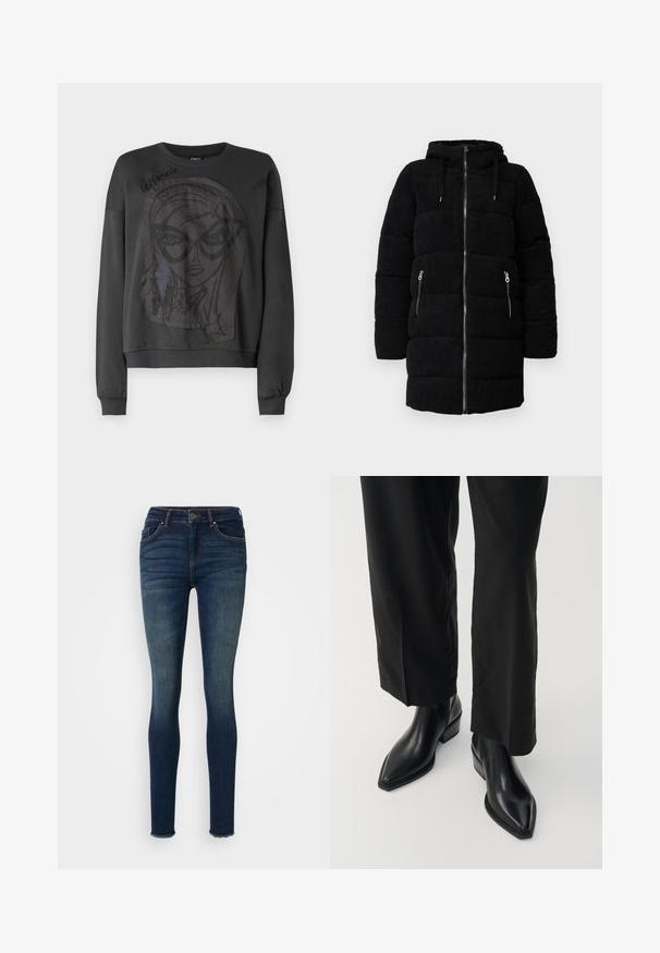 Zwarte corduroy pufferjas met capuchon, voorzien van een volledige rits aan de voorkant, twee met rits afgesloten zijzakken en een doorgestikte textuur.; Zwarte sweatshirt met lange mouwen, met een grote grafische afbeelding van een gezicht met een bril en rafelige randen. Geribbelde manchetten en halslijn.; Donkerblauwe skinny jeans van denimstof, met een middelhoge taille, vijf zakken en rafelige zomen. Glad textuur met subtiele vervaging.; Zwarte leren enkellaarzen met een spitse neus, een gladde textuur en een vierkante hak. Gecombineerd met zwarte, wijde broekspijpen, wat een stijlvolle silhoutte creëert.