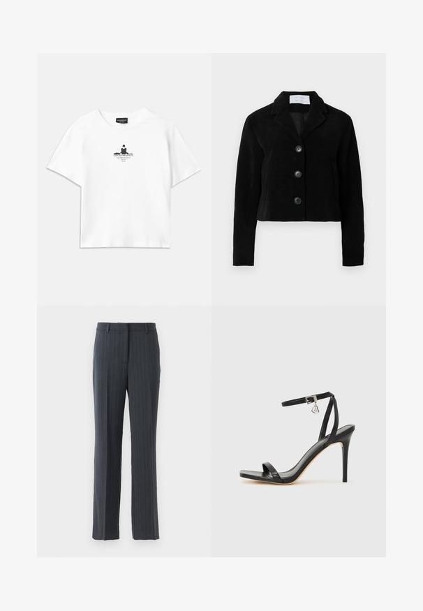 Schwarze Cord-Cropped-Jacke mit Reverskragen, vier Knöpfen zum Schließen und zwei Seitentaschen. Strukturierter Stoff mit glattem Futter.; Weißes Baumwoll-T-Shirt mit lockerer Passform, das in der Mitte einen schwarzen Grafikdruck zeigt, der Text und ein Silhouetten-Design umfasst.; Dunkelgraue, gestreifte, gerade geschnittene Anzughosen mit Gürtelschlaufen und vorderem Reißverschluss auf einem weißen Hintergrund.; Schwarze High-Heel-Sandale mit schmalem Knöchelriemen, quadratischer Zehenbox, glattem Leder und metallischem Schnallenakzent.