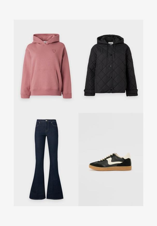 Veste matelassée noire avec capuche, boutons-pression à l'avant, poches latérales et poignets réglables, conçue pour la chaleur et un style décontracté.; Sweat à capuche rose poudré avec poche avant et petit cœur brodé sur le côté gauche de la poitrine, avec des manches longues et une capuche.; Jean en denim bleu foncé taille haute avec jambes évasées, bouton et zip à l'avant, et conception à cinq poches.; Baskets en daim et cuir noir avec un swoosh latéral crème et un talon crème clair. Dotées de lacets beige et d'une semelle en caoutchouc gomme.