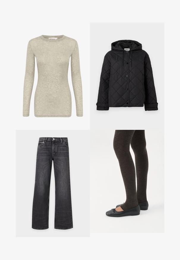 Veste matelassée noire avec capuche, boutons-pression à l'avant, poches latérales et poignets réglables, conçue pour la chaleur et un style décontracté.; T-shirt à manches longues en gris clair, fabriqué dans un tissu doux et texturé. Il présente un col rond et une silhouette ajustée. Conception simple et polyvalente.; EB Denim LOW RISE - Jean droit - grey denim; Jambes portant des leggings côtelés foncés associés à des ballerines noires avec de petits détails en nœud sur fond blanc.
