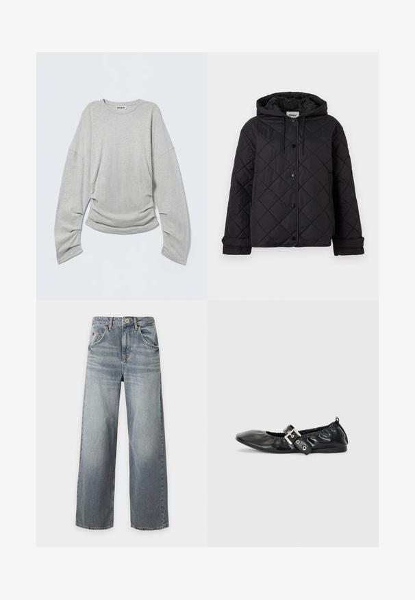 Sort quiltet jakke med hætte, trykknapper foran, sidelommer og justerbare manchetter, designet til varme og afslappet brug.; Lysegrå langærmet t-shirt med afslappet pasform, rund halsudskæring og detaljer med rynker i siden, lavet af blødt bomuldsstof.; Lyseblå jeans med brede ben og falmet vask, frontknap og lynlåslukning, for- og baglommer samt bæltestropper, lagt fladt på hvid baggrund.; Sorte læder flade sko med spids tå, samling detaljer omkring åbningen, og en sølv spænde accent på den justerbare rem.
