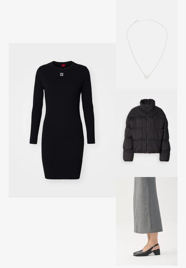 Schwarze Steppjacke mit hohem Kragen, Reißverschluss und horizontalen Steppnähten. Hergestellt aus leichtem, glattem Stoff.; Schwarzes langärmeliges Kleid aus weichem, dehnbarem Stoff. Mit Rundhalsausschnitt und weißem "HUGO"-Logo auf der Brust. Figurbetontes Design.; Schwarze Slingback-Schuhe aus Leder mit spitzer Spitze, Blockabsatz und kontrastierendem rosa Absatzakzent. Glatte Textur mit minimalistischem Design.; Silberne Kettenhalskette mit einem herzförmigen Anhänger mit hohlem Zentrum und einer besetzten Umrandung für zusätzliche Details.