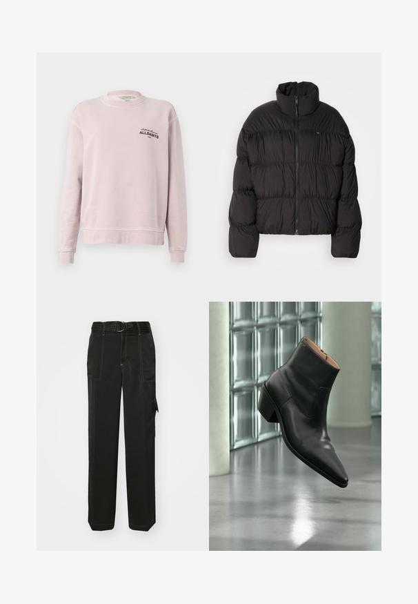 Sort pufferjakke med høj krave, lynlås og vandrette quilting-sektioner. Lavet af letvægts, glat stof.; Lyserød langærmet sweatshirt med rund hals, ribkantede ærmegab og sort tekst "Infinite Summer ALLSAINTS London" på venstre bryst.; Sorte cargo bukser med en tætsiddende talje, bæltestropper, flere lommer, synlige syninger og et løst, lige ben-design.; Sort læderankelstøvle med spids tå og blokhæl, der svæver over en reflekterende grå gulv nær en væg af glasblokke.