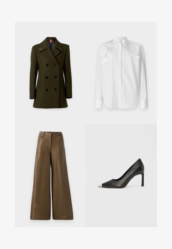Abrigo de lana verde oscuro cruzado con solapas anchas, seis botones negros, bolsillos laterales y pequeños detalles cuadrados dorados en el cuello.; Camisa blanca de manga larga de algodón con cuello mao. Presenta detalles de volantes en capas en los hombros y cierre de botones en la parte delantera.; Pantalones de pierna ancha hechos de suave cuero sintético marrón. Presentan una cintura alta, cuatro bolsillos y una cremallera frontal. Textura lisa y diseño minimalista.; Zapato de tacón alto de cuero negro con punta en forma de pico y una tapa metálica plateada. Presenta un acabado suave y un tacón delgado de 10 cm.