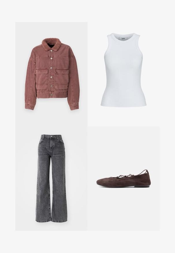 Kastanjebrun denimjakke med faux fur-krave, to frontlommer, knaplukning og lange ærmer med en afslappet pasform. Texturen ser blød ud.; Hvid ribbet tanktop med en rund udskæring og ærmeløst design. Har en slim fit og blød tekstur, velegnet til lagpåsætning.; Bredde ben grå denim bukser med høj talje, der har traditionel fem-lomme styling og en subtil falmet finish.; Brun ruskind flad sko med spids tå og krydsede ankelremme, set fra siden mod en ensfarvet lys baggrund.