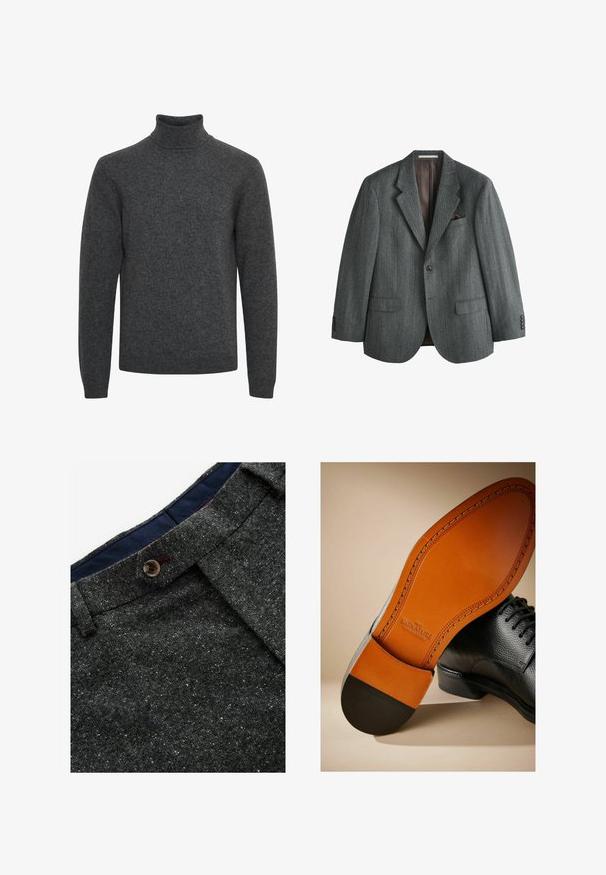 Sivý blazer v rybia kost vzore z texturovanej látky, s výrezovým klopovým golierom, dvoma prednými vreckami, náprsným vreckom so svetlohnedým vreckovkou a zapínanými manžetami.; Tmavosivý rolák s dlhým rukávom s rebrovaným golierom, manžetami a lemom, vyrobený z mäkkého pleteného materiálu.; Šedé nohavice z vlnenej zmesi s bodkovanou textúrou. Majú špicatý pás, zapínanie na gombík a námornícky modrú podšívku.; Čierna kožená topánka s textúrovaným povrchom, kontrastnou hnedou koženou podrážkou a čiernym opätkom. Obsahuje viditeľné švy a logo na vnútorných stielkach.