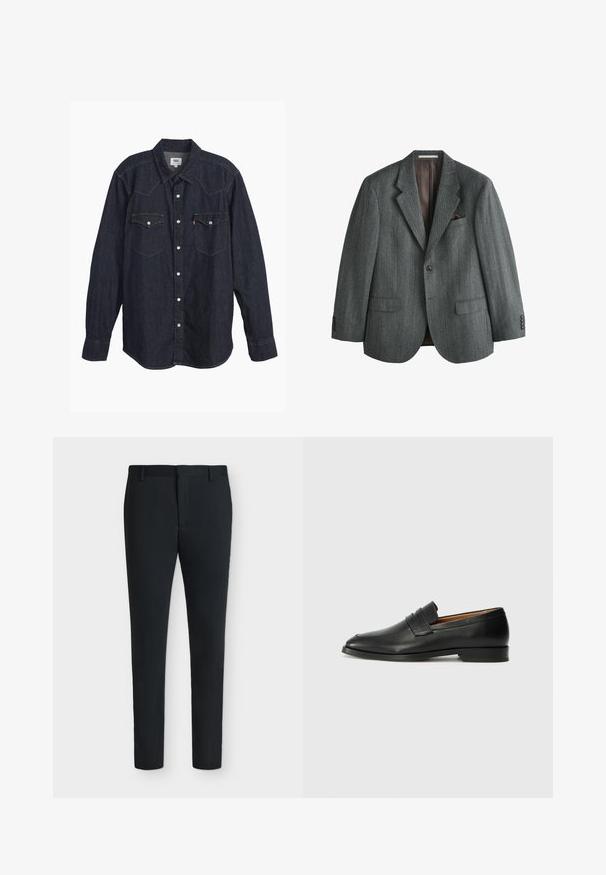 Grau melierter Fischgräten-Blazer aus strukturiertem Stoff, mit einem Reverskragen, zwei Fronttaschen, einer Brusttasche mit einem braunen Einstecktuch und geknöpften Manschetten.; Dunkelblauses Denim-Hemd mit langen Ärmeln und spitzem Kragen, zwei Brusttaschen, weißen Knöpfen und kontrastierendem gelbem Stich. Glattes, robustes Material.; Schwarze, schmal geschnittene Anzughose mit Gürtelschlaufen, Frontreißverschluss und ohne sichtbare Taschen, vor einem schlichten weißen Hintergrund präsentiert.; Schwarze Leder-Slipper mit runder Zehenform, dezenten gestickten Details und niedrigem Absatz, ausgestattet mit glatter Textur und minimalistischem Design.