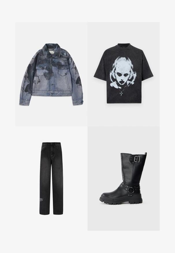 Denimjakke med et to-farvet design i et blåt og sort abstrakt mønster, langeærmer, to brystlommer og klassisk krave.; Sort oversized T-shirt med en hvid grafik af en skaldet person med mørke øjne, læbestift, piercinger og en halskæde med et korsvedhæng.; Sorte denim bukser med bred benvidde og høj talje, med to forlommer og en dekorativ logodetalje på det nederste ben.; Sorte læderknæhøje støvler med en kraftig gummisål, der har en sidelås, stropdetaljer og struktureret finish.