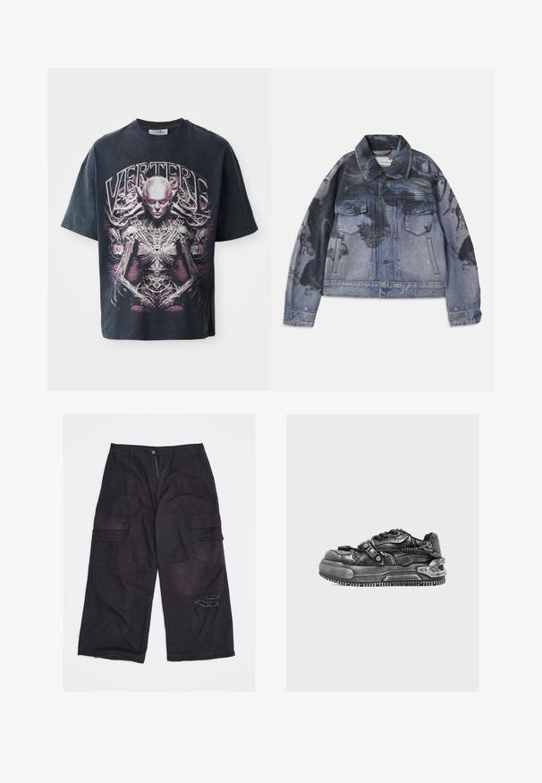 Denim jack met een twee-kleurig ontwerp en een blauw en zwart abstract patroon, lange mouwen, twee borstzakken en een klassieke kraag.; Zwarte graphic t-shirt van katoen, met een groot roze en wit ontwerp van een humanoïde figuur met complexe details en de tekst "VERTERE."; Zwarte wijde cargobroek met meerdere zakken en een versleten scheur op de rechterdij, plat gelegd op een witte achtergrond.; Zwarte sneaker met dikke zool, metalen gesp en gedetailleerd textuurleer ontwerp op een effen witte achtergrond.