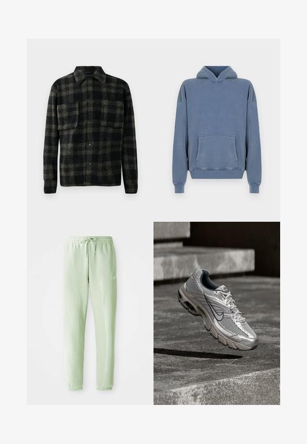 Zwart en bruin geruite shirtjas met een fuzzy textuur, voorzien van een kraag, knoopsluiting en twee borstzakken.; Blauwe katoenen hoodie met een voorzak, een verstelbare trekkoordcapuchon en ribgebreide manchetten. Soepele textuur, relaxte pasvorm en gestikte details.; Lichtgroene sweatpants van zachte katoen, met een elastische tailleband met trekkoord en taps toelopende benen, afgewerkt met gathered boorden.; Zilveren en grijze Nike hardloopschoen zwevend in de lucht boven betonnen traptreden, met zichtbare mesh bovenkant en gedempte zool details.