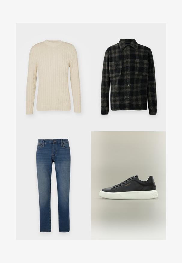 Sort og brun ternet skjortejakke med en blød tekstur, der har krave, knaplukning foran og to brystlommer.; Kabelstrikket sweater i lys creme. Har rund halsudskæring, lange ærmer, ribbede manchetter og kant, samt et struktureret overflademønster.; Slim-fit blå jeans med let falming på lårene, fem-lomme design, knaplukning og lige benudskæring på en hvid baggrund.; Sort lædersneaker med en tekstureret hvid gummisål. Har snøresti og metalguld "REPLAY"-branding på siden.