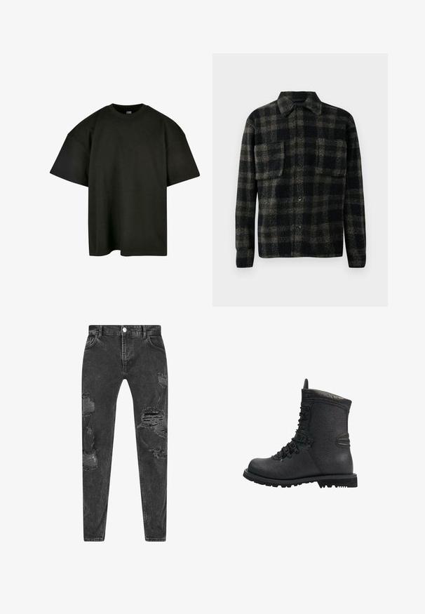 Zwart en bruin geruite shirtjas met een fuzzy textuur, voorzien van een kraag, knoopsluiting en twee borstzakken.; Zwart oversized t-shirt van zachte katoen. Heeft een ronde ronde halslijn en korte mouwen, met een zachte textuur en een minimalistisch ontwerp.; Zwarte denim jeans met versleten details en meerdere gescheurde delen. Slim fit met vijf zakken en een knoopsluiting.; Zwarte leren wandelschoen met een gestructureerde afwerking, gewatteerde kraag en dikke rubberen zool. Bevat metalen oogjes en contrasterende zwarte accenten.