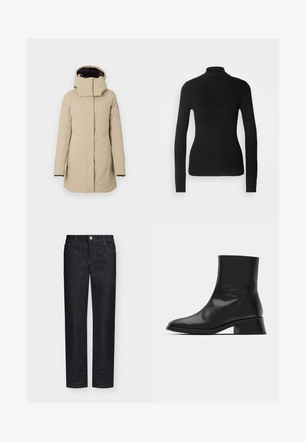Manteau isolé beige avec un col haut et une capuche, doté d'une fermeture éclair à l'avant, de manches longues et d'une texture lisse. La doublure intérieure est de couleur marron foncé.; Pull à col roulé noir en maille légère. Il possède des manches longues, une coupe ajustée et une texture côtelée douce.; Jean droit noir en denim avec poches avant, passants de ceinture et fermeture par bouton sur fond uni.; Bottine noire en cuir brillant, au design épuré, avec un bout pointu et un petit talon bloc pour plus de stabilité.