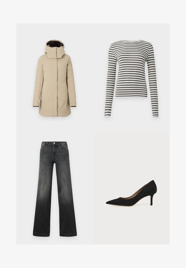 Manteau isolé beige avec un col haut et une capuche, doté d'une fermeture éclair à l'avant, de manches longues et d'une texture lisse. La doublure intérieure est de couleur marron foncé.; T-shirt à manches longues en vert olive et rayures blanches. Texture côtelée, encolure ronde et coupe ajustée. Pas de matériel ou d'accents visibles.; Jeans noirs à jambes larges en denim délavé, avec des poches avant, une fermeture à bouton et des détails de couture subtils le long des coutures.; Escarpin en daim noir à bout pointu avec un talon stiletto fin de hauteur moyenne et un design à coupe basse sur un fond uni.