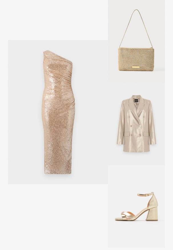 Blazer beige métallisé à double boutonnage avec six boutons, revers à cran, et deux poches à rabat, présenté à plat sur un fond blanc.; Robe bodycon avec un design à une épaule, fabriquée en tissu pailleté doré. Présente une silhouette ajustée et une texture lisse.; Sandales avec talons en or métallisé, à talon block, à bout ouvert et design de lanières entrecroisées. La lanière de cheville dispose d'une fermeture à boucle.; Pochette dorée de forme rectangulaire, recouverte de strass argentés brillants. Dotée d'une fine bandoulière métallique et d'une fermeture éclair.
