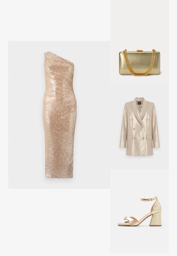 Beige metallic double-breasted blazer with six buttons, notch lapels, and two flap pockets, displayed flat on a white background.; Bodycon dress with one shoulder design, made of sequined fabric in gold. Features a fitted silhouette and smooth texture.; Gold metallic heeled sandals with a block heel, open toe, and crisscross strap design. Ankle strap features a buckle closure.; Rectangular shiny gold clutch purse with a gold chain strap and a small clasp lock on top against a light background.