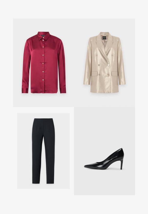 Blazer beige métallisé à double boutonnage avec six boutons, revers à cran, et deux poches à rabat, présenté à plat sur un fond blanc.; Blouse en satin bordeaux à manches longues, col pointu et boutons décoratifs dorés sur le devant.; Pantalon noir sur mesure à jambe droite, taille mi-haute, coutures devant et poches latérales, présenté sur un fond clair uni.; Chaussure à talon haut en cuir noir avec un bout pointu, texture lisse et un talon effilé. Design minimaliste, sans embellissements supplémentaires.