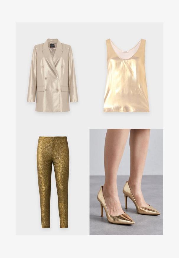 Blazer metálico beige de doble botonadura con seis botones, solapas con muesca y dos bolsillos con solapa, presentado plano sobre un fondo blanco.; Top sin mangas de color dorado metálico con un escote profundo. Textura suave, diseño ajustado y un forro interior suave.; Leggings metálicos dorados con un patrón de rayas verticales texturizadas. La tela tiene un acabado brillante y una silueta ajustada y esbelta.; Bombas de tacón alto doradas con punta afilada, que presentan un patrón de piel de serpiente texturizada y un acabado suave. El tacón de aguja añade altura.