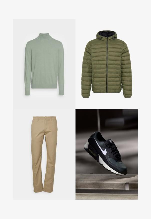 Doudoune matelassée vert olive avec fermeture éclair noire, capuche attachée avec cordons, et manches longues, montrée sur fond blanc.; Pull col roulé vert clair à manches longues avec poignets et bas côtelés, présenté sur un fond blanc uni.; Chinos beige avec une coupe droite, dotés d'une fermeture à bouton, de passants de ceinture et d'une texture en coton lisse.; Baskets Nike Air Max noires et grises avec un logo blanc, suspendues au-dessus d'une surface en béton sur un fond sombre flou.