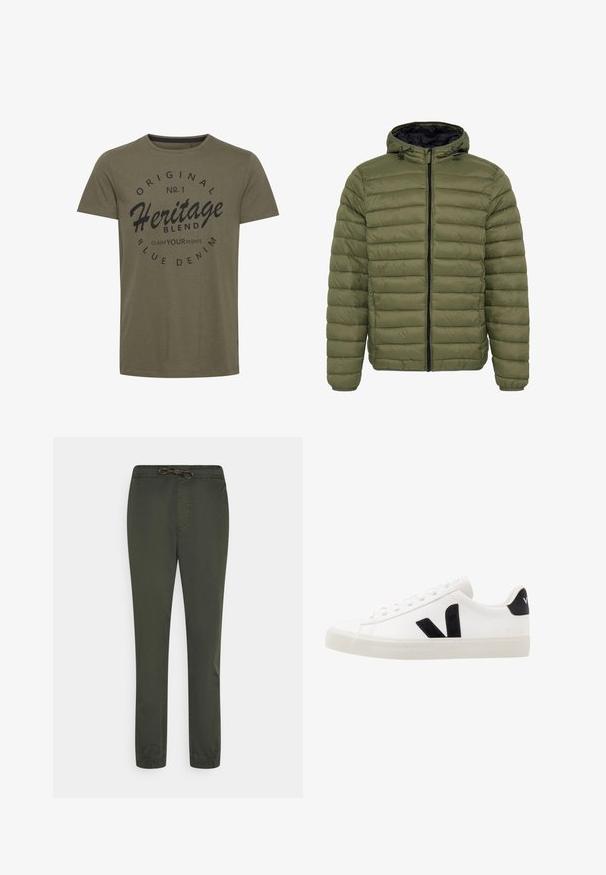 Chaqueta acolchada en verde oliva con cremallera negra, capucha fija con cordones y mangas largas, mostrada sobre fondo blanco.; Camiseta de algodón verde oliva con cuello redondo, que presenta texto impreso en negro: "Original No. 1 Heritage Blend Claim Your Rights" en un diseño circular.; Pantalones ligeros de color verde oliva, con cinturilla elástica, cordón de ajuste y piernas ajustadas. Presentan bolsillos laterales y una textura suave.; Zapatilla de cuero blanca con acentos de ante negro; presenta una suela de goma, puntera redonda y un diseño clásico de cordones. Logo lateral en negro.