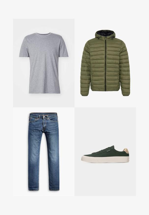 Olivengrøn quiltet dunjakke med sort lynlås, hætte med justerbare snore og lange ærmer, vist på hvid baggrund.; Grå, kortærmet t-shirt lavet af en bomuldsblanding, der har en klassisk crew neckline og en glat, blød tekstur.; Blå denim jeans med lige ben-design, klassisk fem-lomme stil, subtil blegning og syninger langs sømmene.; Mørkegrøn lavtop sneakers med beige hælkappe, tyk hvid sål, snørelukning foran og lille sideetiket på en enkel lys baggrund.