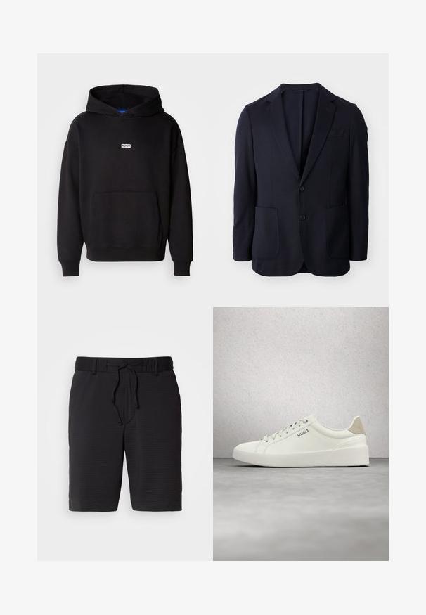 Tumesin blazer, millel on kaks nuppu ees, talje klapid, kaks eesmist taskut ja pehme tekstuur. Sirge lõige, ilma nähtavate mustrite või aksessuaarideta.; Must have kapuutsiga sviiter, mis on valmistatud pehmest kangast. Sellel on ees känguru-tasku ja rinnal väike valge "HUGO" logo.; Mustad must shorts tekstuuriga mustriga, elastse vöökoha ja reguleeritava nööriga sobivuse jaoks. Keskmise reiepikkusega, lihtne disain ilma nähtavate taskuteta.; Valged madala säärega paeltega tossud beeži kandetabaga, millel on sõna „HUGO“, hõljuvad läikiva betoonpõranda kohal klaasplokkidest seina lähedal.