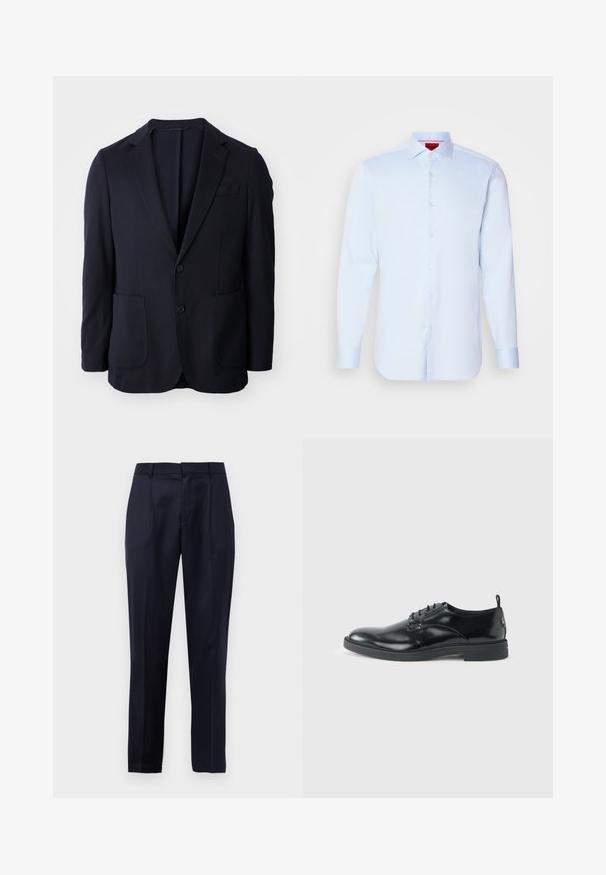 Marineblazer mit einer Front aus zwei Knöpfen, Reverskragen, zwei vorderen Taschen und einer weichen Textur. Gerader Schnitt ohne sichtbare Muster oder Akzente.; Helleblaue Langarmbluse mit Button-Down-Kragen, abgerundetem Saum und weißen Knöpfen. Glattes Material mit einem subtilen Glanz.; Navyblaue maßgeschneiderte Anzughose mit Frontfalten, Gürtelschlaufen und konischem Beinansatz vor einem weißen Hintergrund.; Glänzender schwarzer Lederschuh mit niedrigem Absatz, Schnürverschluss und runder Kappe, seitlich auf hellem, schlichten Hintergrund gezeigt.
