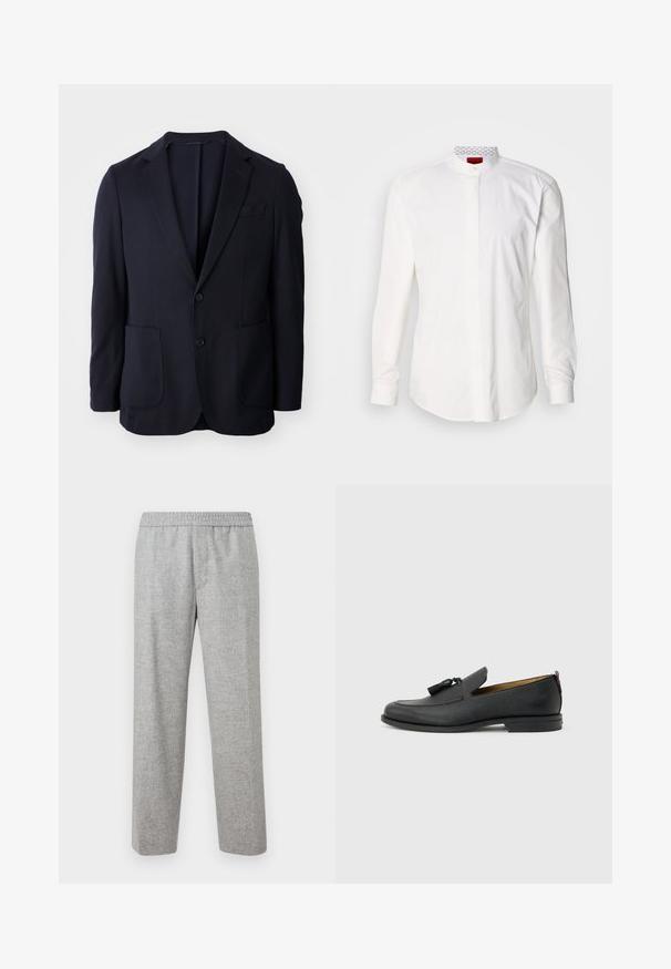 Blazer navy avec un devant à deux boutons, des revers à cran, deux poches avant et une texture douce. Coupe droite sans motifs ni accents visibles.; Chemise blanche à manches longues avec un col montant, en coton. Comprend une patte de boutonnage à l'avant, un design minimaliste et un marquage subtil sur le col intérieur.; Pantalons en tissu texturé gris clair, avec une taille élastique. Design à jambe droite, sans poches visibles ni détails matériels.; Mocassin pour homme en cuir noir avec pompons, bout arrondi, petit talon et languette à l'arrière, présenté de profil sur un fond gris clair.