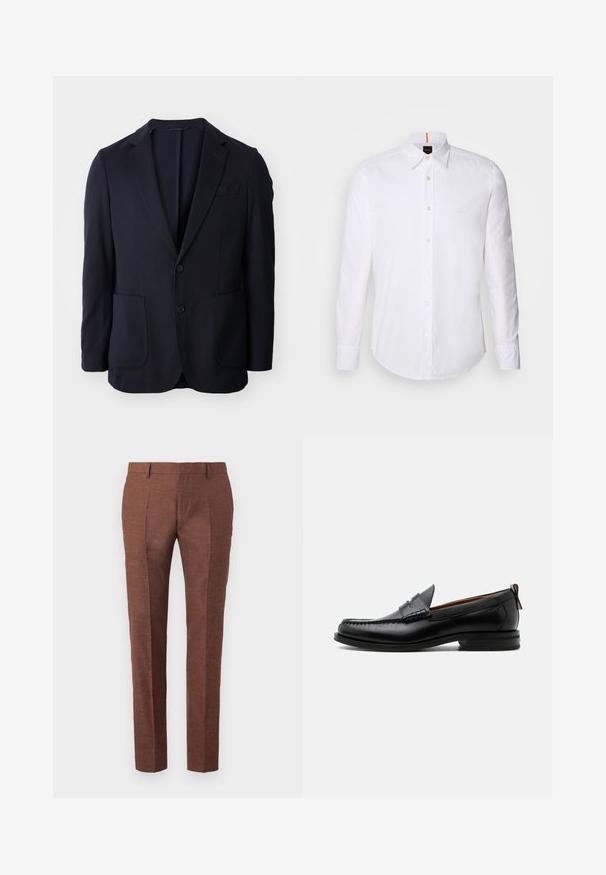 Blazer navy con frente de dos botones, solapas de muesca, dos bolsillos delanteros y una textura suave. Corte recto sin patrones ni acentos visibles.; Camisa blanca de manga larga y corte clásico, hecha de algodón, que presenta un cuello clásico, un logo sutil cerca del pecho y botones blancos.; Pantalones de lino marrones con un acabado texturado, presentan un diseño de corte slim, pliegues frontales cosidos y dos bolsillos laterales.; Mocasín de hombre de piel negra con costura moc toe, tira penny, cuello texturizado y tacón bajo apilado sobre fondo blanco.