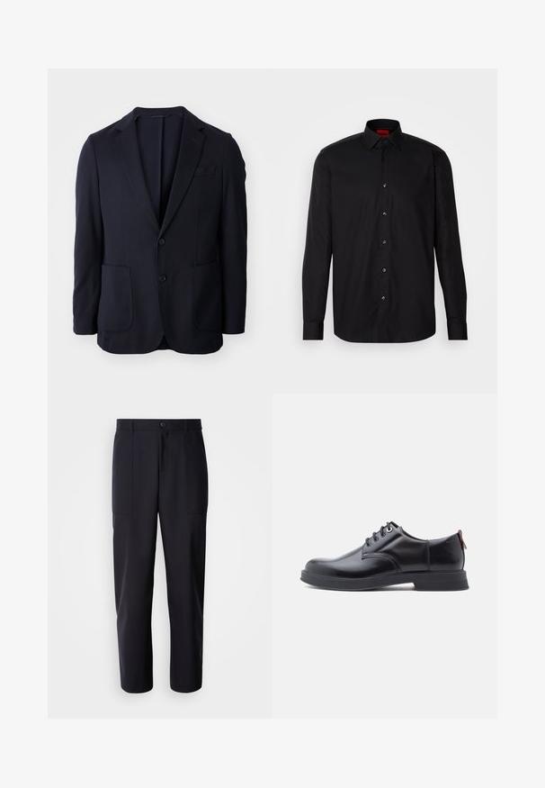 Marineblazer met een twee-knops sluiting, notch revers, twee voorzakken en een zachte textuur. Rechte snit zonder zichtbare patronen of accenten.; Zwarte longsleeve shirt van gladde stof, met een klassieke kraag, knoopsluiting aan de voorkant en een getailleerde pasvorm.; Donkerblauwe broek van soepel materiaal, met een rechte pijpdesign, twee zijzakken en een knoopsluiting in de taille.; Zwarte leren veter schoenen met een gladde textuur, ronde neus en subtiel stiksel detail. Voorzien van een rode trekband op de hiel.