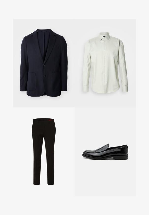 Blazer navy avec un devant à deux boutons, des revers à cran, deux poches avant et une texture douce. Coupe droite sans motifs ni accents visibles.; Chemise à manches longues vert clair, à boutons, avec un col structuré, texture unie et patte de boutonnage à l'avant avec des boutons blancs.; HUGO Pantalon de costume - schwarz; Chaussure de ville noire en cuir brillant à enfiler, avec talon bas et bout arrondi, vue de côté sur fond blanc uni.