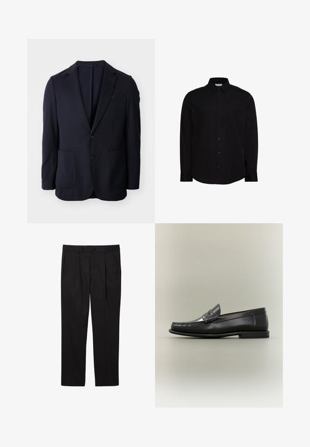 Blazer navy avec un devant à deux boutons, des revers à cran, deux poches avant et une texture douce. Coupe droite sans motifs ni accents visibles.; Chemise noire à manches longues avec boutons, fabriquée en tissu lisse. Elle présente un col classique, une patte de boutonnage à l'avant, et un petit logo sur la poitrine.; Pantalons formels noirs pour hommes avec poches avant, passants pour ceinture, fermeture par bouton et coupe droite.; Mocassin pour homme en cuir noir avec un design moc-toe, une lanière à monnaie et un talon bas sur un fond neutre.