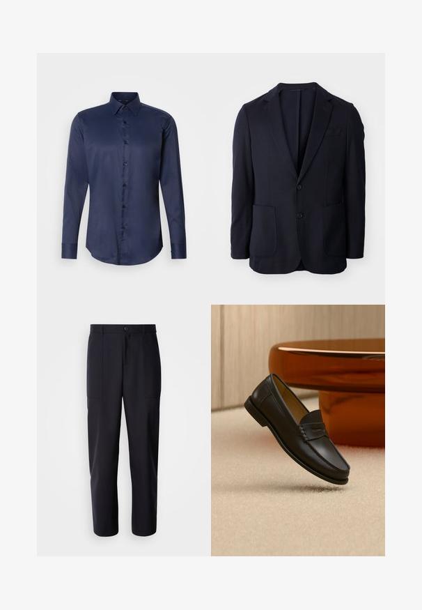 Blazer navy con frente de dos botones, solapas de muesca, dos bolsillos delanteros y una textura suave. Corte recto sin patrones ni acentos visibles.; Camisa de vestir de manga larga para hombre en azul marino, con cuello puntiagudo y cierre frontal de botones, presentada sobre un fondo blanco liso.; Pantalones oscuros de navy, confeccionados en un tejido suave, con un diseño de pierna recta, dos bolsillos laterales y un cierre de botón en la cintura.; Zapato mocasín de cuero negro suspendido sobre una alfombra beige con muebles modernos de color ámbar en el fondo.