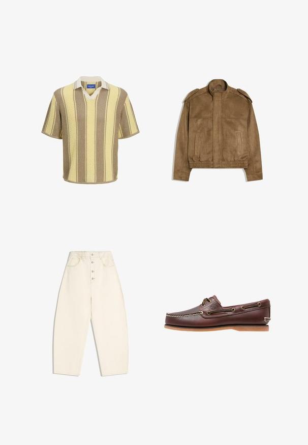 Veste bomber en daim marron avec fermeture éclair à l'avant, ceinture élastique, détails à rabat sur les épaules, et deux poches latérales verticales.; Polo tricot à manches courtes en beige, crème et rayures jaunes. Design en V avec col contrasté et tissu texturé.; Pantalon crème taille haute, jambes larges, fermeture à boutons à l'avant, avec poches latérales et arrière, sur fond blanc.; Chaussure bateau en cuir marron avec coutures blanches, détails de lacets et semelle en caoutchouc beige, vue de côté sur fond blanc.