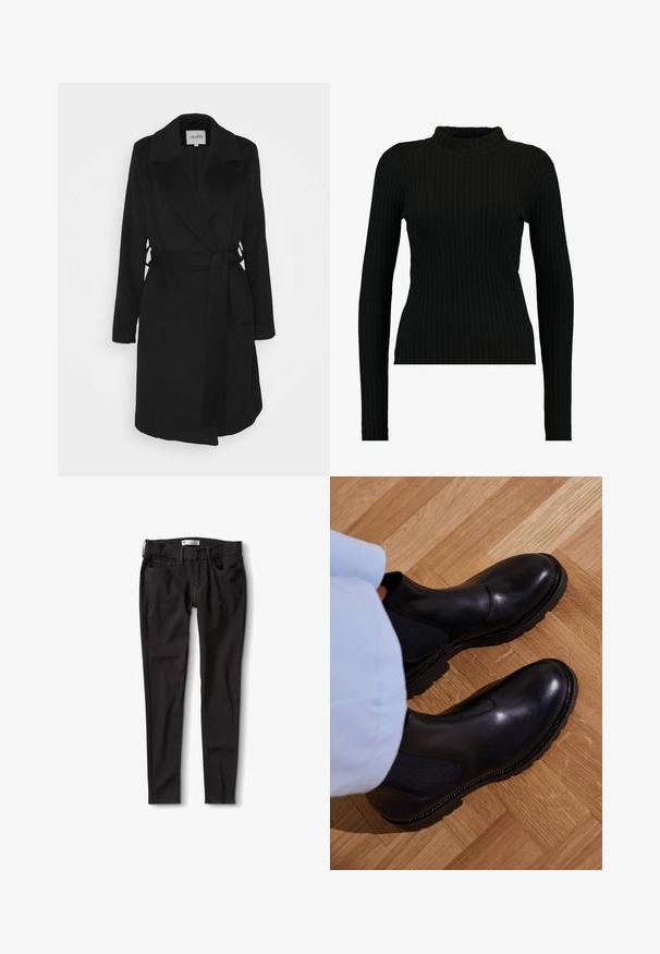 Zwarte wikkelmantel met een sjaalkraag, lange mouwen en een zelfbindende riem. Heeft een gladde stof en zijopeningen voor extra detail.; EDITED JANNICE JUMPER - Trui - black; Zwarte denim jeans met een rechte pasvorm, voorzien van een standaard tailleband, riemlussen en twee voorzakken. Glad textuur, minimale hardware.; Zwarte enkellaarzen van soepel leer met elastische zijpanelen, een getextureerde rubberen zool en contrasterende stiklijnen langs de rand.