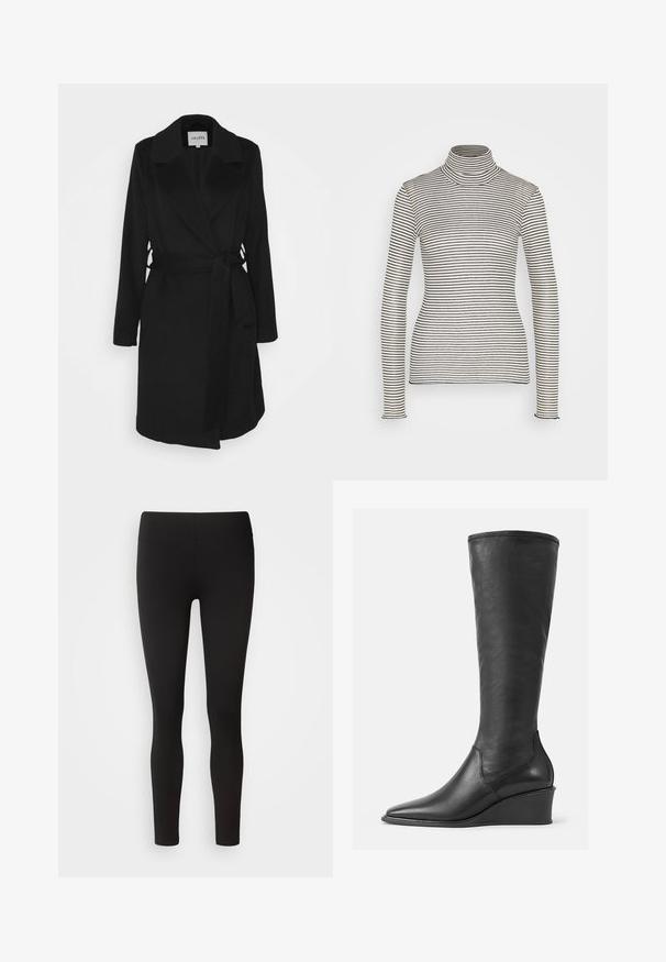 Abrigo negro con cuello chal, mangas largas y cinturón autoadherente. Presenta un tejido suave y cortes laterales para un acabado adicional.; Anna Field Camiseta de manga larga - beige/black; Leggings negras hechas de tela elástica con una cinturilla sin costuras, diseño ajustado y textura suave, adecuadas para diversas actividades.; Botas de cuero negras hasta la rodilla con una textura suave, puntera afilada y tacón de cuña; presentan un borde cosido en la parte superior.
