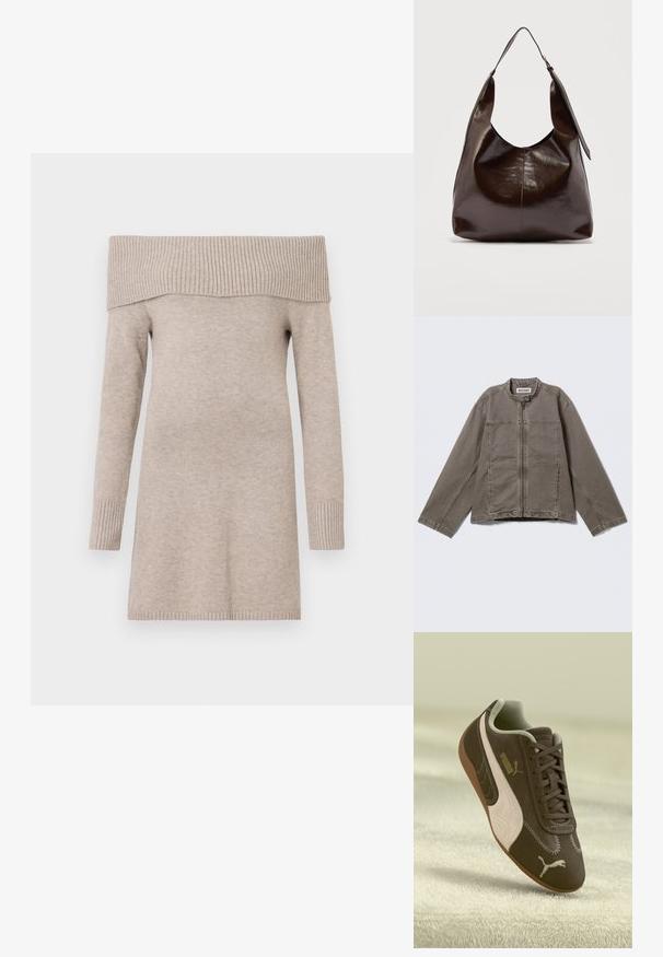 Brun casual jakke med lange ærmer, foran lynlås, stående krave med trykknap og sidelommer, lagt fladt på en lys baggrund.; Beige off-shoulder sweater, strikket tekstur, lange ærmer, ribbet halsudskæring og manchetter, midt-lår længde, glat stoffsammensætning.; Brune Puma sneakers med beige stribe og logo, snøret, hvilende på en struktureret beige overflade.; Mørkebrunt, skinnende læder skuldertaske med en enkelt bred rem og spændedetalje på den ene side, sat mod en ensartet lys baggrund.