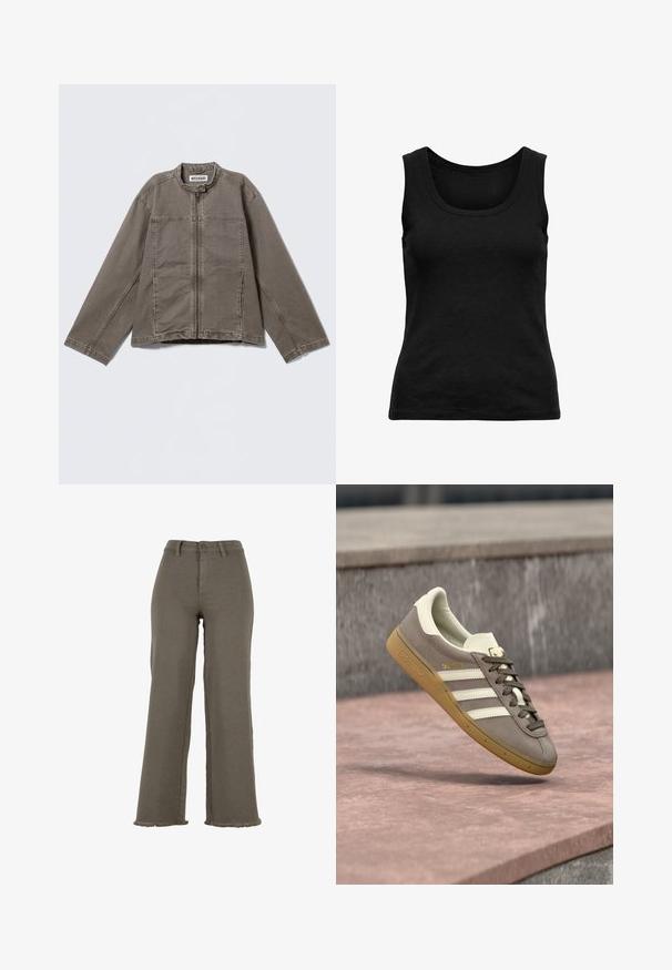 Bruine casual jas met lange mouwen, ritssluiting aan de voorkant, opstaande kraag met drukknop en zijzakken, plat gelegd op een lichte achtergrond.; Zwarte ribgebreide mouwloze tanktop met ronde hals, aansluitende pasvorm en effen kleur, plat gelegd op witte achtergrond.; Wijde broek met hoge taille in olijfgroen, met knoop- en ritssluiting, riemlussen en gefraaide zoom.; Lichtbruine suède Adidas sneaker met witte strepen en een rubberen zool, hangend boven roze stenen traptreden buiten.