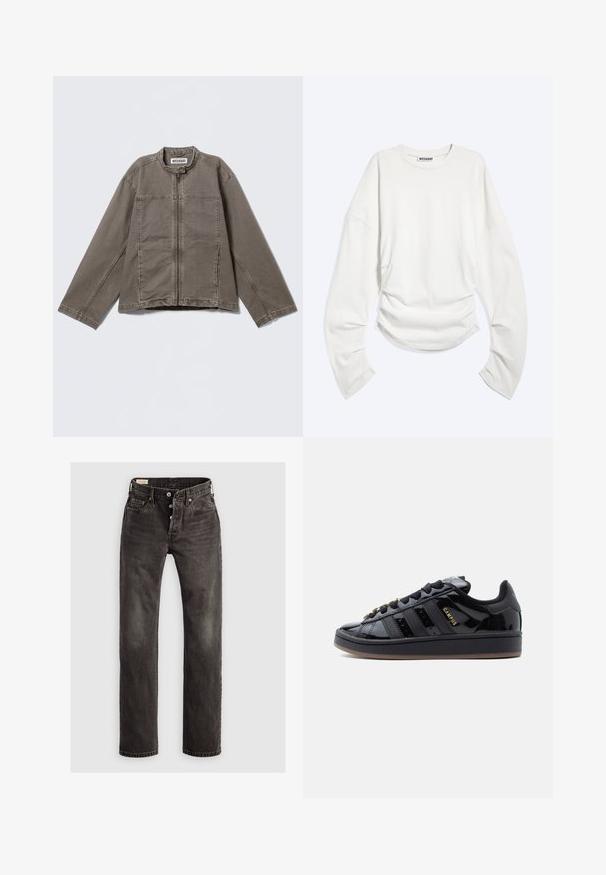 Bruine casual jas met lange mouwen, ritssluiting aan de voorkant, opstaande kraag met drukknop en zijzakken, plat gelegd op een lichte achtergrond.; Witte longsleeve met ronde hals met geplooide details bij de taille en een losse pasvorm, met "WEEKDAY" label binnen in de kraag.; Donkergrijze rechte jeans van denim, met een knoopsluiting, vijf zakken en subtiele vervaging op de stof.; Zwarte glanzende lage sneaker met zwarte veters, drie strepen aan de zijkant, gouden "Campus"-branding en een zwarte zool met een bruine onderrand.