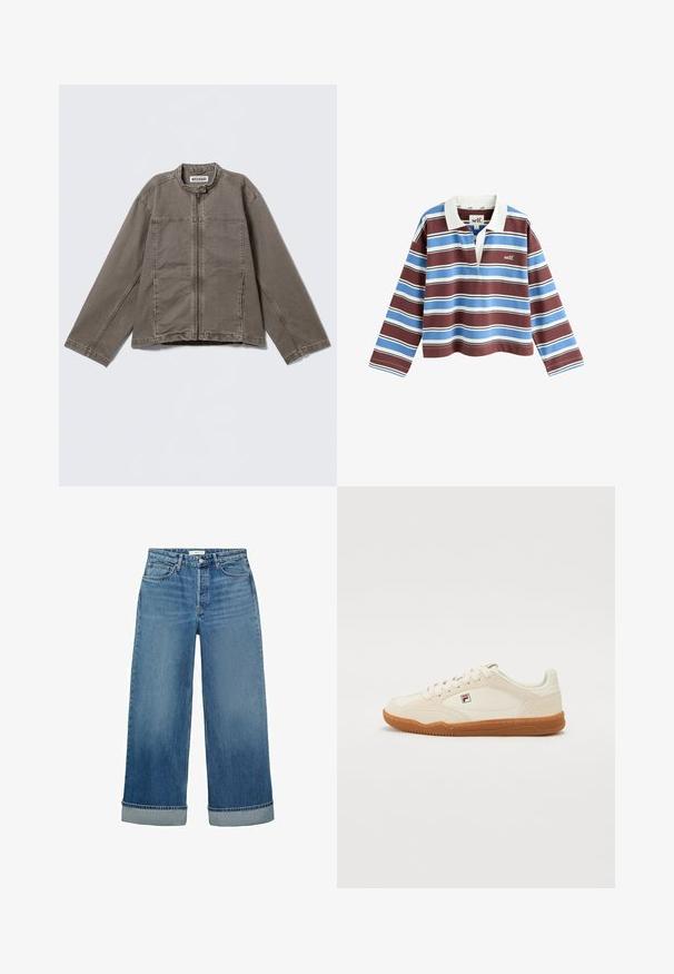 Veste décontractée marron à manches longues, fermeture éclair frontale, col montant avec bouton-pression, et poches latérales, posée à plat sur un fond clair.; Maillot de rugby à manches longues avec des rayures horizontales bleu, marron, blanc et noir, un col blanc, et un logo "self." sur la poitrine.; Jean en denim bleu à larges jambes avec un lavage moyen et des ourlets retroussés. Présente un style classique à cinq poches et une fermeture à boutons.; Baskets blanches avec une finition en daim, semelle en caoutchouc, et détails cousus. Comprend un design à lacets et un petit logo sur le côté.